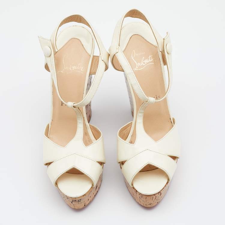 Pre Owned Christian Louboutin Cream Patent Leather Marina Cork Wedge T-Strap Sandals Size 37.5