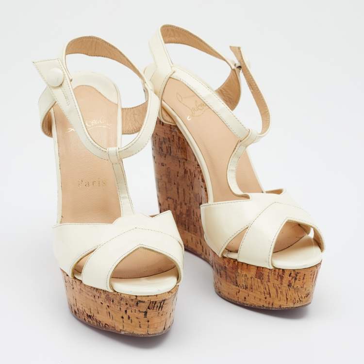 Pre Owned Christian Louboutin Cream Patent Leather Marina Cork Wedge T-Strap Sandals Size 37.5