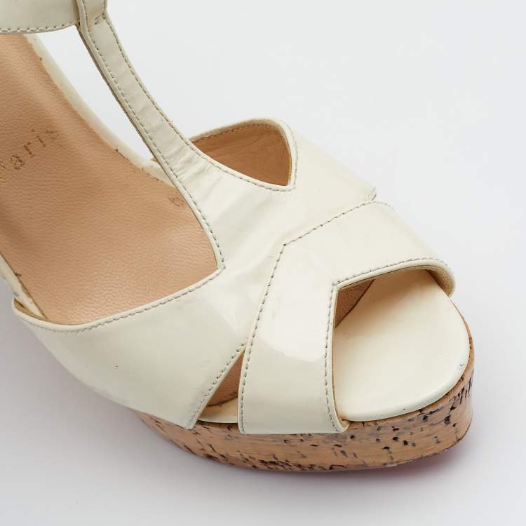 Pre Owned Christian Louboutin Cream Patent Leather Marina Cork Wedge T-Strap Sandals Size 37.5