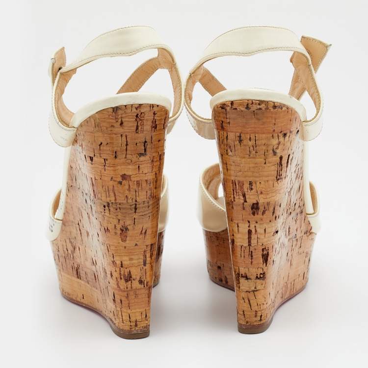 Pre Owned Christian Louboutin Cream Patent Leather Marina Cork Wedge T-Strap Sandals Size 37.5