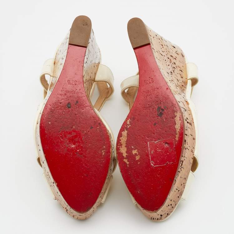Pre Owned Christian Louboutin Cream Patent Leather Marina Cork Wedge T-Strap Sandals Size 37.5