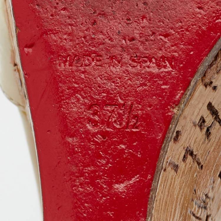 Pre Owned Christian Louboutin Cream Patent Leather Marina Cork Wedge T-Strap Sandals Size 37.5