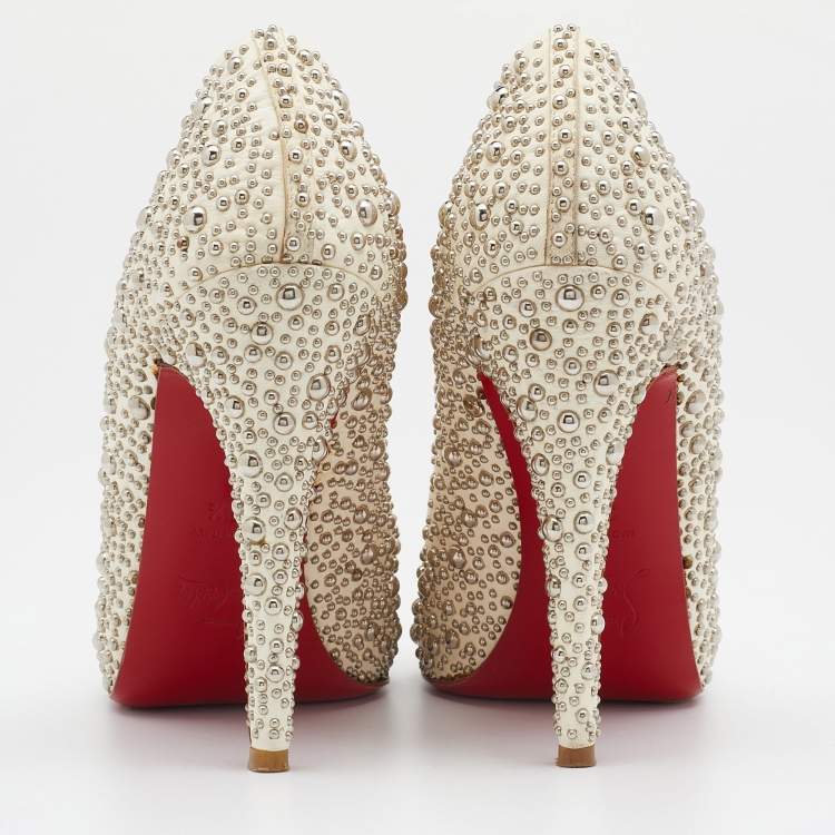 Pre Owned Christian Louboutin Cream Leather Studded Studio Peep Toe Pumps Size 38.5