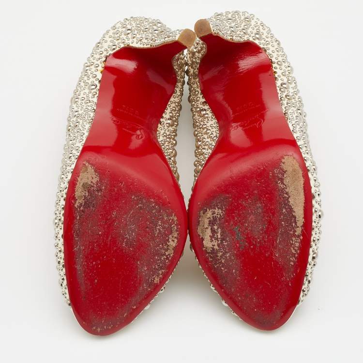 Pre Owned Christian Louboutin Cream Leather Studded Studio Peep Toe Pumps Size 38.5