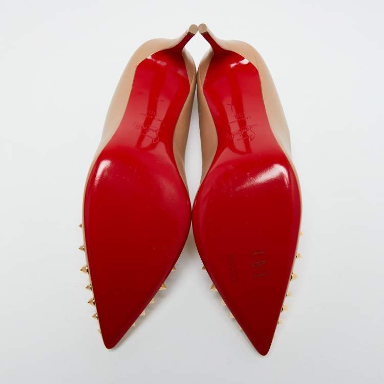 Pre Owned Christian Louboutin Beige Leather Spiky Shell Pumps Size 38