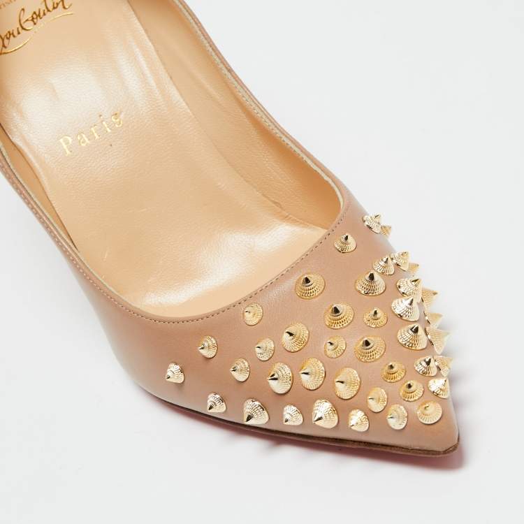 Pre Owned Christian Louboutin Beige Leather Spiky Shell Pumps Size 38