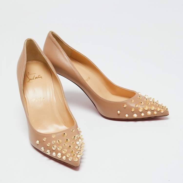 Pre Owned Christian Louboutin Beige Leather Spiky Shell Pumps Size 38