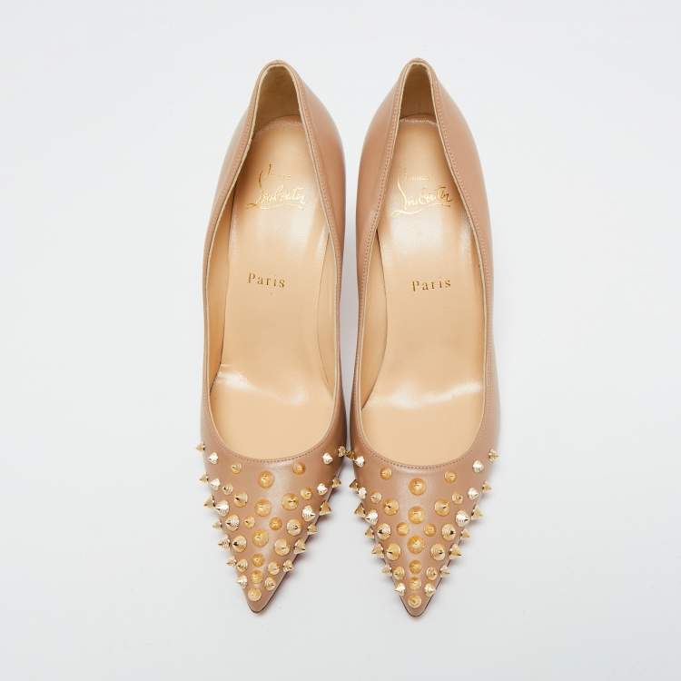 Pre Owned Christian Louboutin Beige Leather Spiky Shell Pumps Size 38