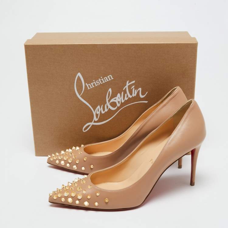 Pre Owned Christian Louboutin Beige Leather Spiky Shell Pumps Size 38