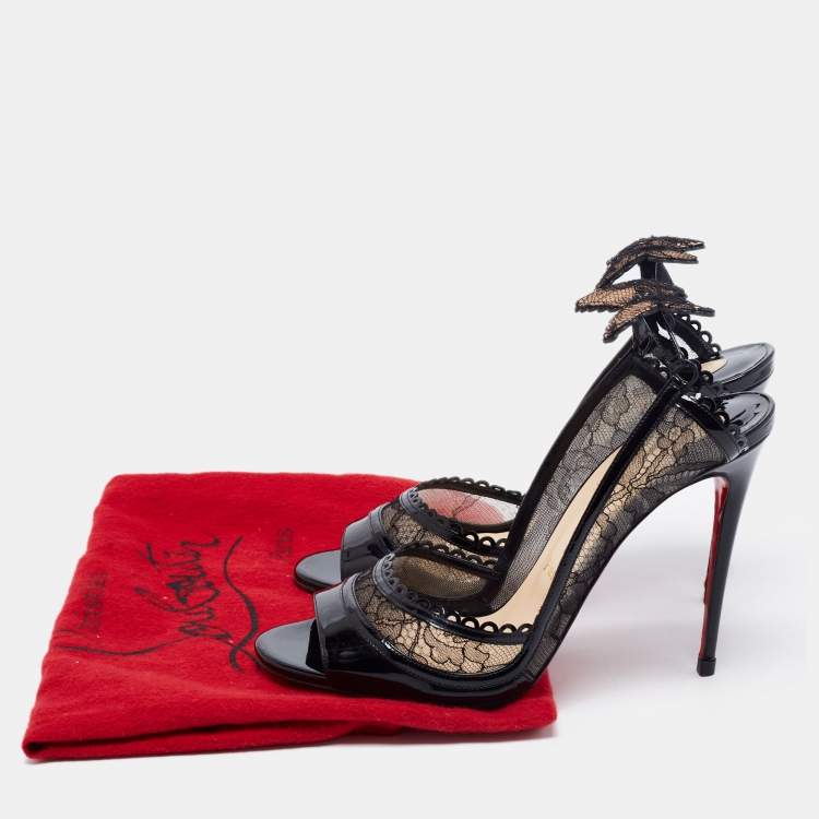 Pre Owned Christian Louboutin Black Lace and Patent Leather Chantilly Butterfly Open-Toe Pumps Size 39