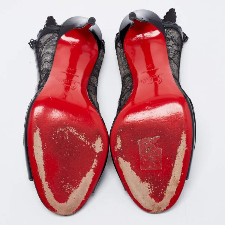 Pre Owned Christian Louboutin Black Lace and Patent Leather Chantilly Butterfly Open-Toe Pumps Size 39