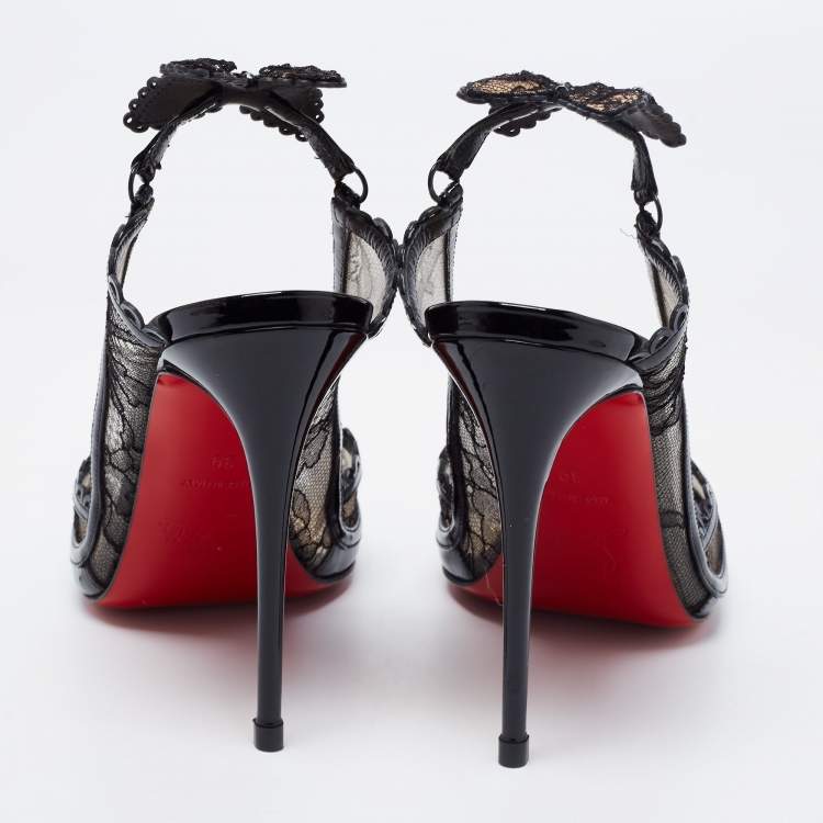 Pre Owned Christian Louboutin Black Lace and Patent Leather Chantilly Butterfly Open-Toe Pumps Size 39