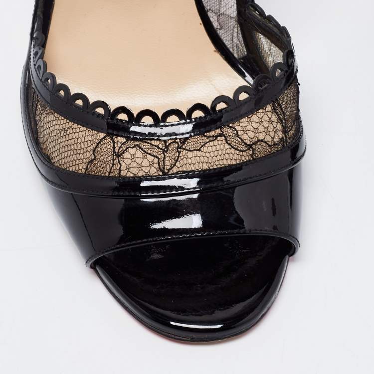 Pre Owned Christian Louboutin Black Lace and Patent Leather Chantilly Butterfly Open-Toe Pumps Size 39