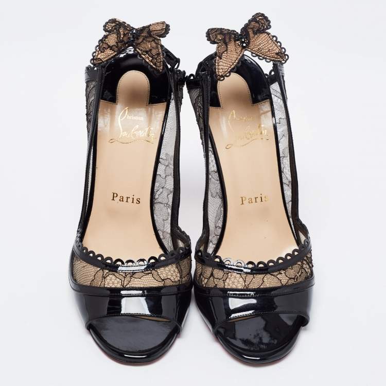 Pre Owned Christian Louboutin Black Lace and Patent Leather Chantilly Butterfly Open-Toe Pumps Size 39
