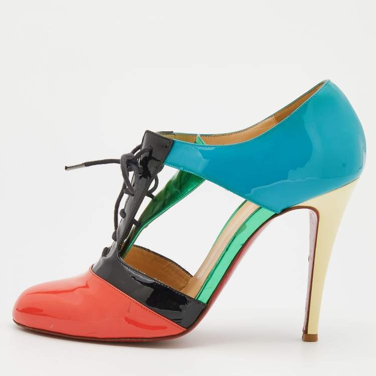 Pre Owned Christian Louboutin Multicolor Patent Leather Cut Out Lace Up Booties Size 39