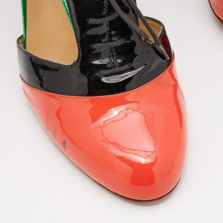 Pre Owned Christian Louboutin Multicolor Patent Leather Cut Out Lace Up Booties Size 39