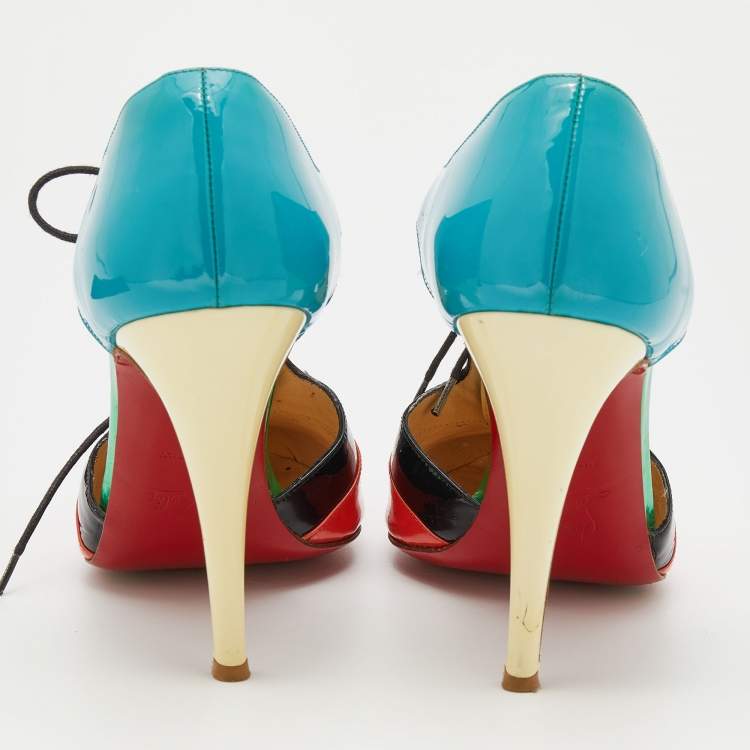 Pre Owned Christian Louboutin Multicolor Patent Leather Cut Out Lace Up Booties Size 39