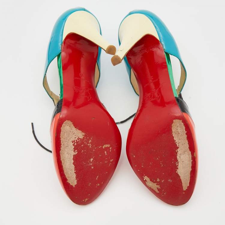 Pre Owned Christian Louboutin Multicolor Patent Leather Cut Out Lace Up Booties Size 39