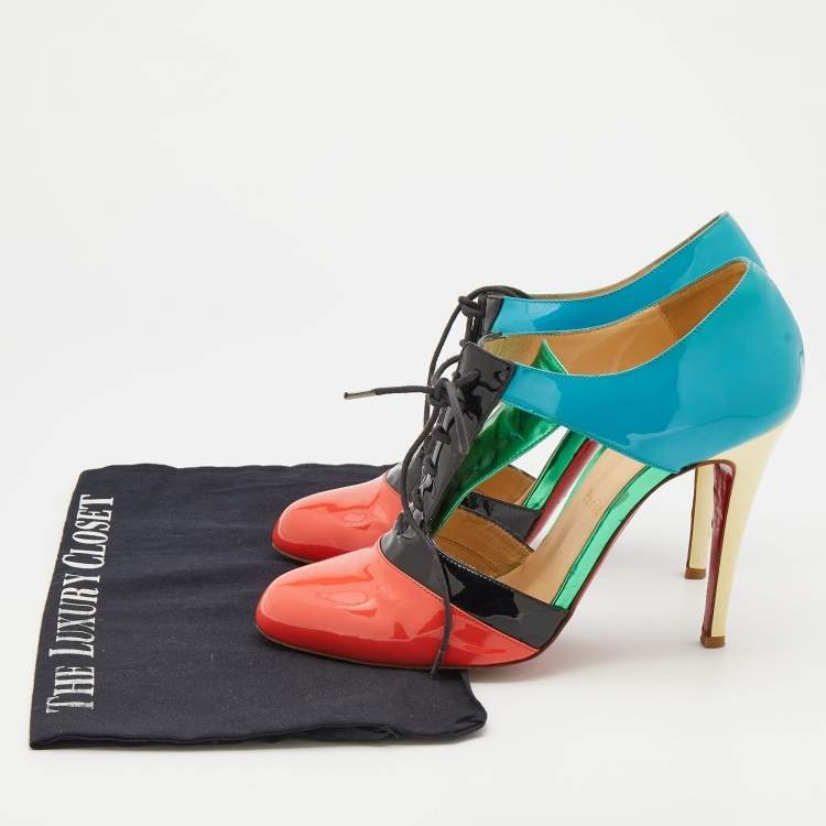 Pre Owned Christian Louboutin Multicolor Patent Leather Cut Out Lace Up Booties Size 39