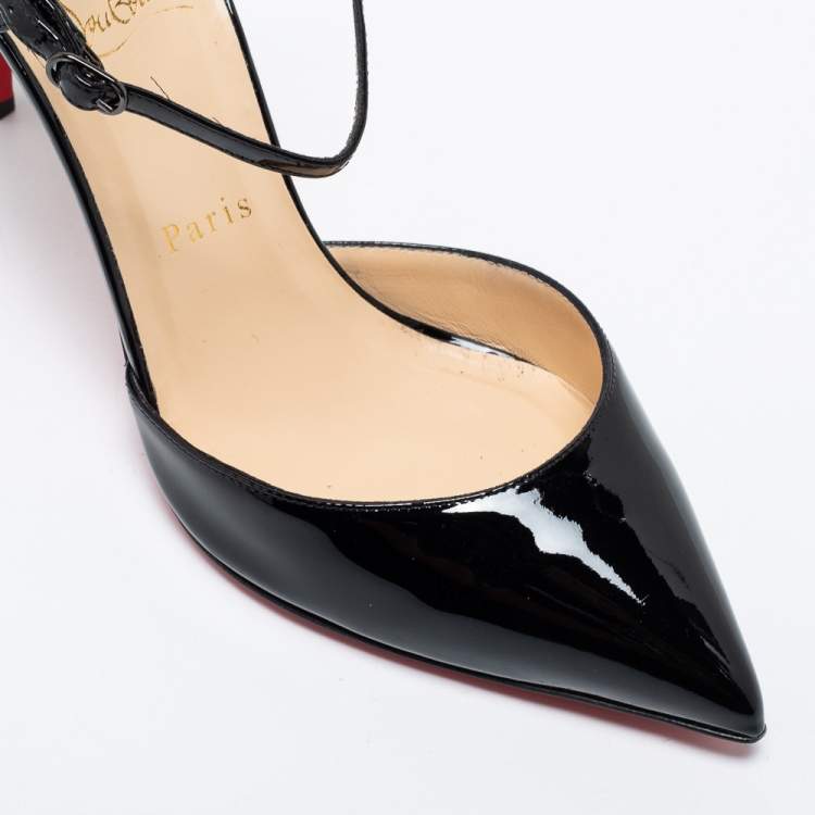Pre Owned Christian Louboutin Black Patent Leather Riverina Ankle-Strap Pumps Size 38.5
