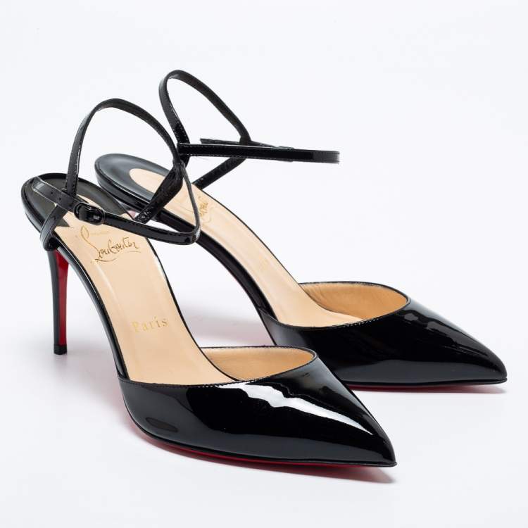 Pre Owned Christian Louboutin Black Patent Leather Riverina Ankle-Strap Pumps Size 38.5
