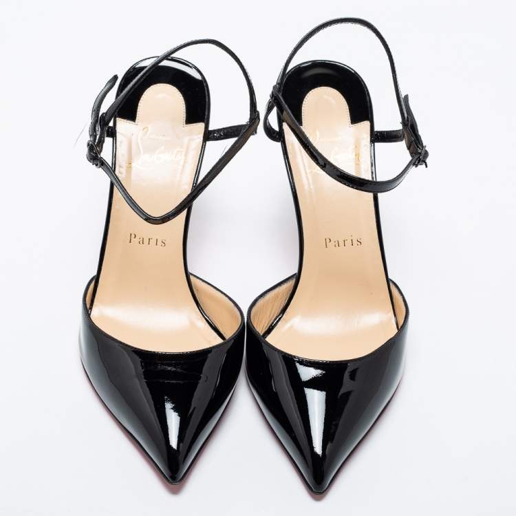 Pre Owned Christian Louboutin Black Patent Leather Riverina Ankle-Strap Pumps Size 38.5