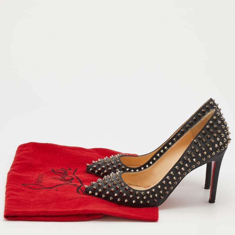 Pre Owned Christian Louboutin Black Denim Pigalle Follies Spikes Pointed Toe Pumps Size 38.5