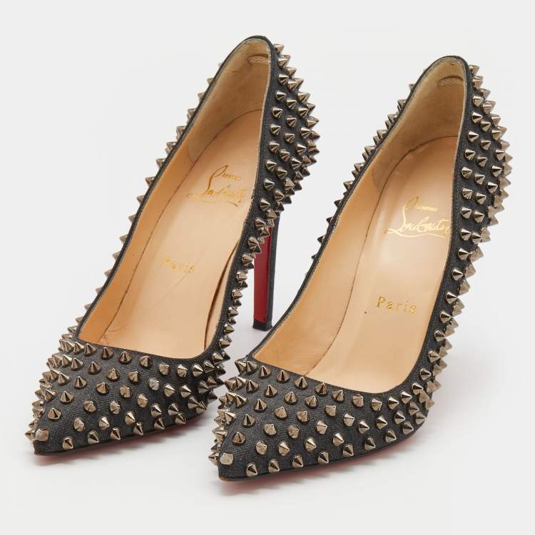 Pre Owned Christian Louboutin Black Denim Pigalle Follies Spikes Pointed Toe Pumps Size 38.5