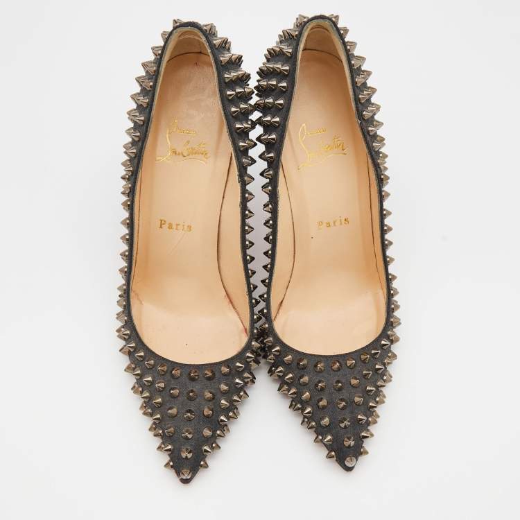 Pre Owned Christian Louboutin Black Denim Pigalle Follies Spikes Pointed Toe Pumps Size 38.5