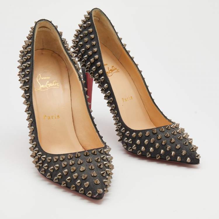 Pre Owned Christian Louboutin Black Denim Pigalle Follies Spikes Pointed Toe Pumps Size 38.5