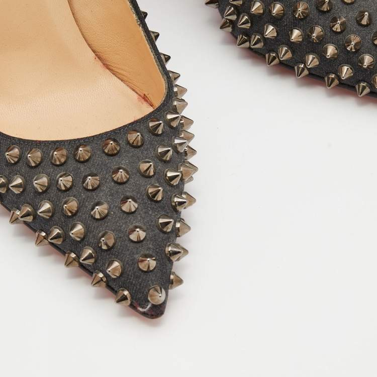 Pre Owned Christian Louboutin Black Denim Pigalle Follies Spikes Pointed Toe Pumps Size 38.5