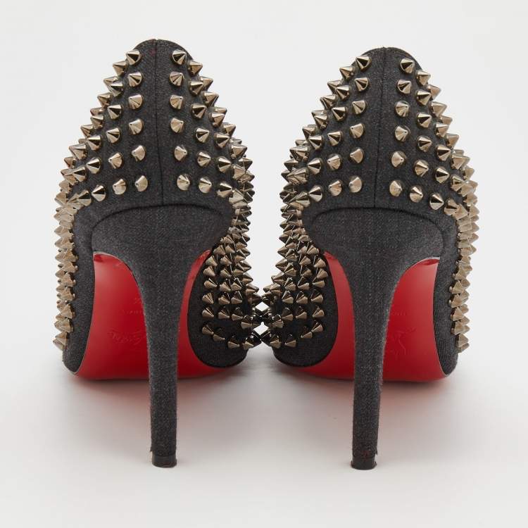 Pre Owned Christian Louboutin Black Denim Pigalle Follies Spikes Pointed Toe Pumps Size 38.5