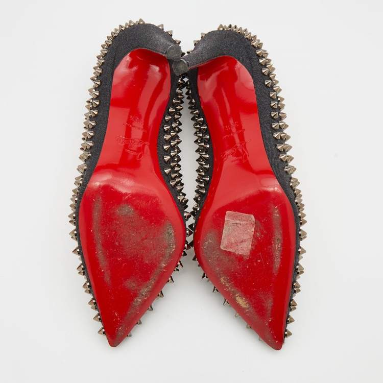Pre Owned Christian Louboutin Black Denim Pigalle Follies Spikes Pointed Toe Pumps Size 38.5