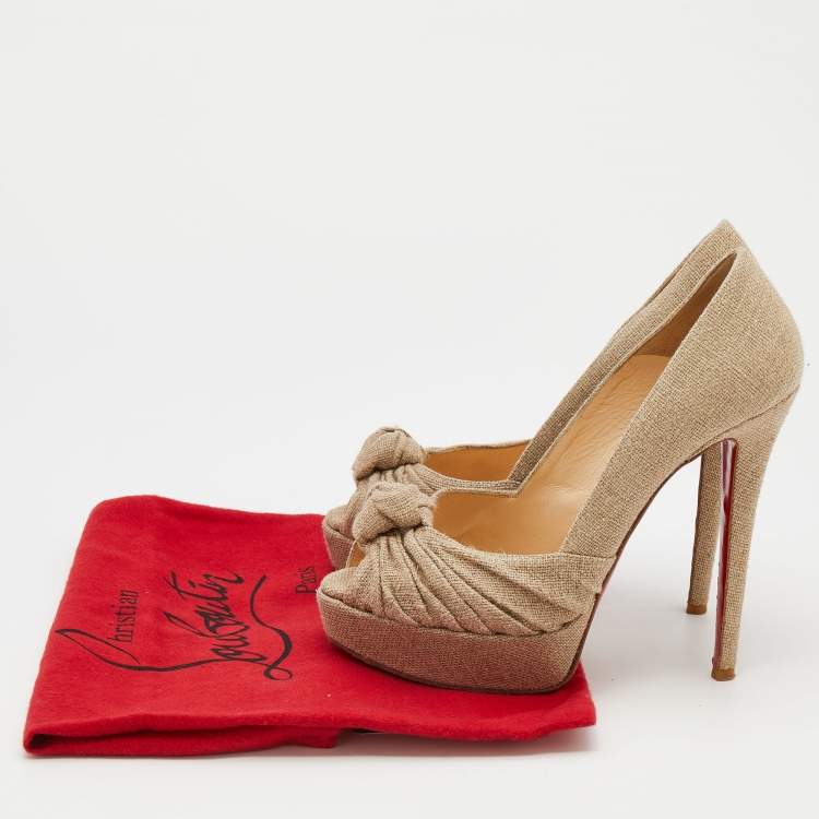 Pre Owned Christian Louboutin Beige Jute Fabric Jenny Platform Knot Peep Toe Pumps Size 38