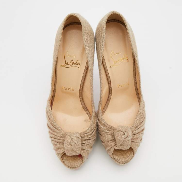 Pre Owned Christian Louboutin Beige Jute Fabric Jenny Platform Knot Peep Toe Pumps Size 38