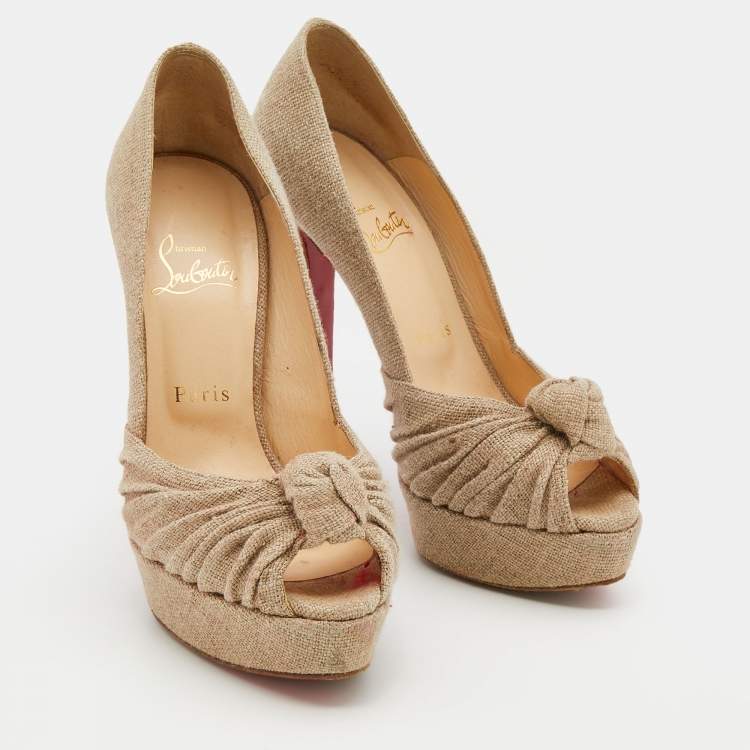Pre Owned Christian Louboutin Beige Jute Fabric Jenny Platform Knot Peep Toe Pumps Size 38