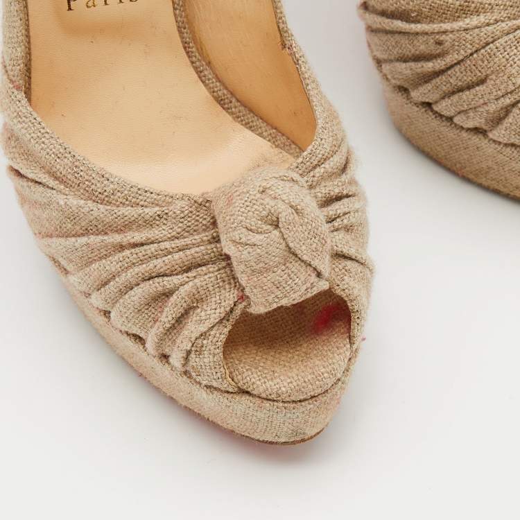 Pre Owned Christian Louboutin Beige Jute Fabric Jenny Platform Knot Peep Toe Pumps Size 38