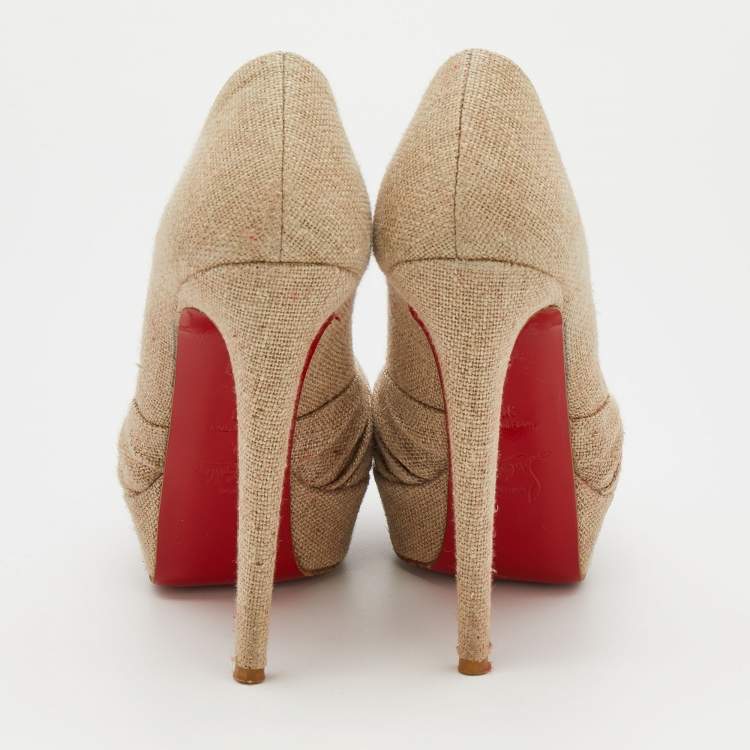 Pre Owned Christian Louboutin Beige Jute Fabric Jenny Platform Knot Peep Toe Pumps Size 38