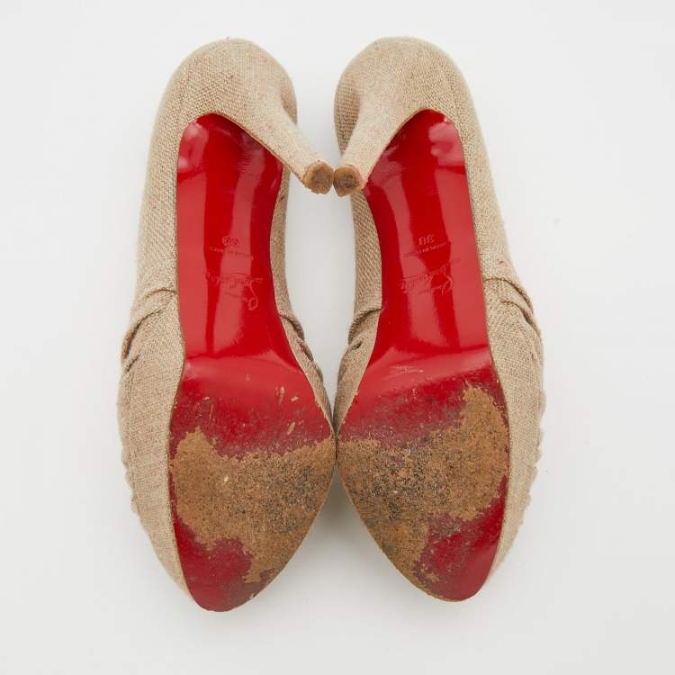 Pre Owned Christian Louboutin Beige Jute Fabric Jenny Platform Knot Peep Toe Pumps Size 38