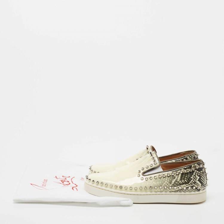 Pre Owned Christian Louboutin Cream/Black Gradient Python Print Leather Pik Boat Slip-On Sneakers Size 39