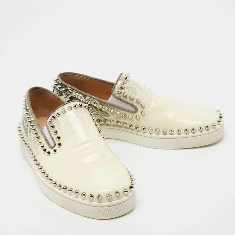 Pre Owned Christian Louboutin Cream/Black Gradient Python Print Leather Pik Boat Slip-On Sneakers Size 39