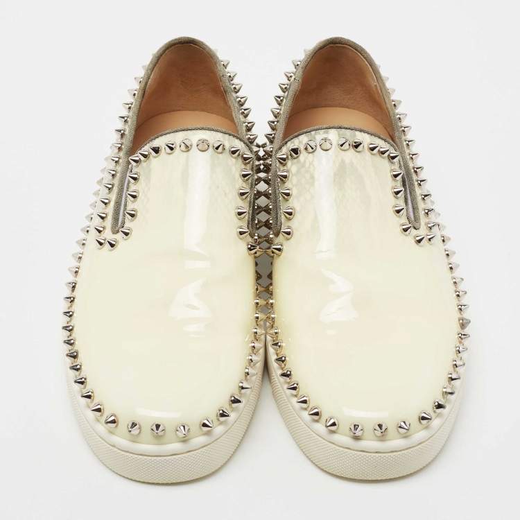 Pre Owned Christian Louboutin Cream/Black Gradient Python Print Leather Pik Boat Slip-On Sneakers Size 39