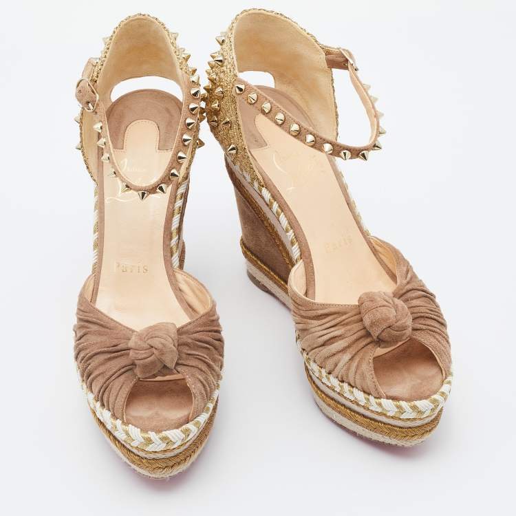 Pre Owned Christian Louboutin Taupe/Gold Leather Madmonica Madcarina Spiked Platform Wedge Espadrilles Size 37
