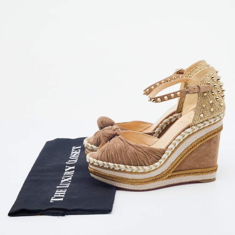 Pre Owned Christian Louboutin Taupe/Gold Leather Madmonica Madcarina Spiked Platform Wedge Espadrilles Size 37
