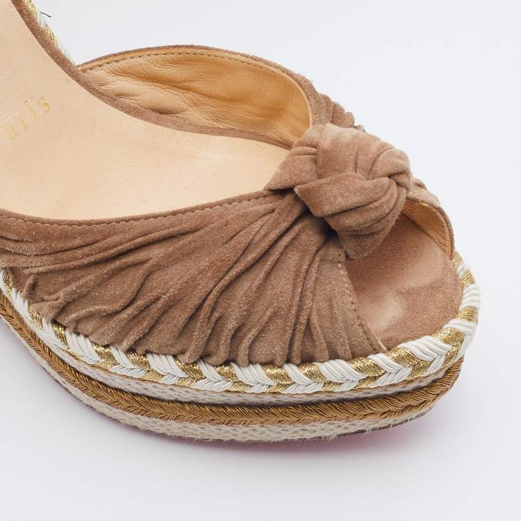 Pre Owned Christian Louboutin Taupe/Gold Leather Madmonica Madcarina Spiked Platform Wedge Espadrilles Size 37