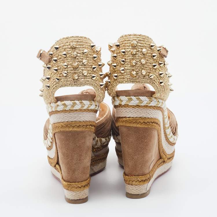 Pre Owned Christian Louboutin Taupe/Gold Leather Madmonica Madcarina Spiked Platform Wedge Espadrilles Size 37