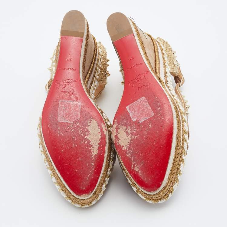 Pre Owned Christian Louboutin Taupe/Gold Leather Madmonica Madcarina Spiked Platform Wedge Espadrilles Size 37