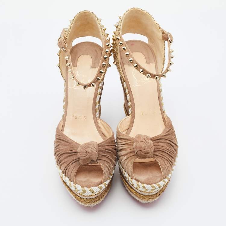 Pre Owned Christian Louboutin Taupe/Gold Leather Madmonica Madcarina Spiked Platform Wedge Espadrilles Size 37