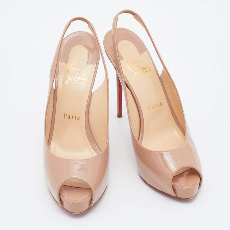 Pre Owned Christian Louboutin Beige Patent Leather Private Number Slingback Pumps Size 37.5