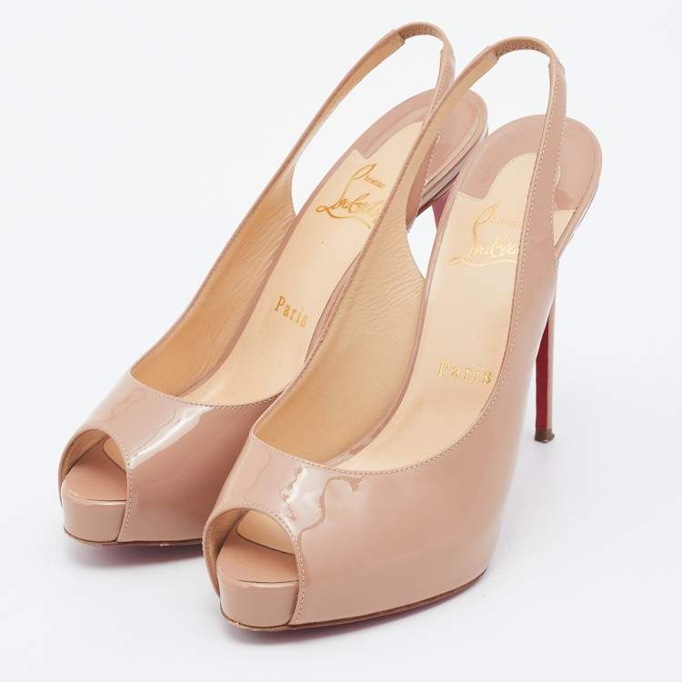 Pre Owned Christian Louboutin Beige Patent Leather Private Number Slingback Pumps Size 37.5